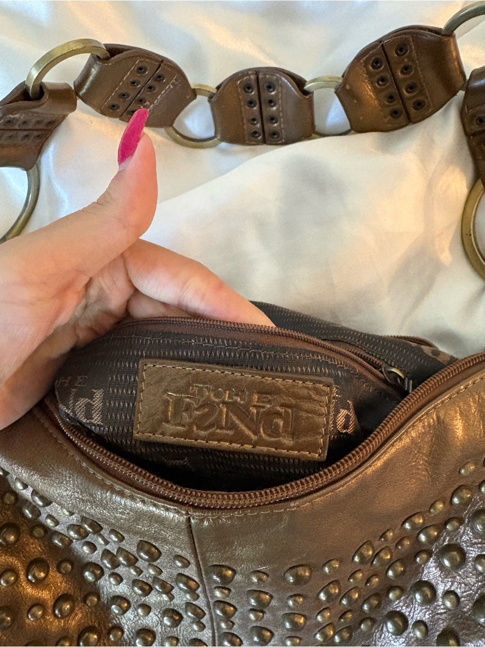 Studded Brown Leather Hobo Shoulder Bag - Picture 2 of 3